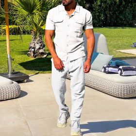 Summer Men's Short Sleeved Shirt Set Loose Casual Cardigan Shirt Pants (Option: White-S)