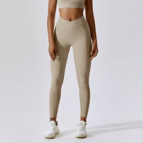 Threaded European And American Tight Yoga Pants For Outer Wear (Option: Flaxen-S)