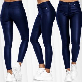 Solid Color Leather Casual Pants Skinny Pants (Option: Blue-2XL)